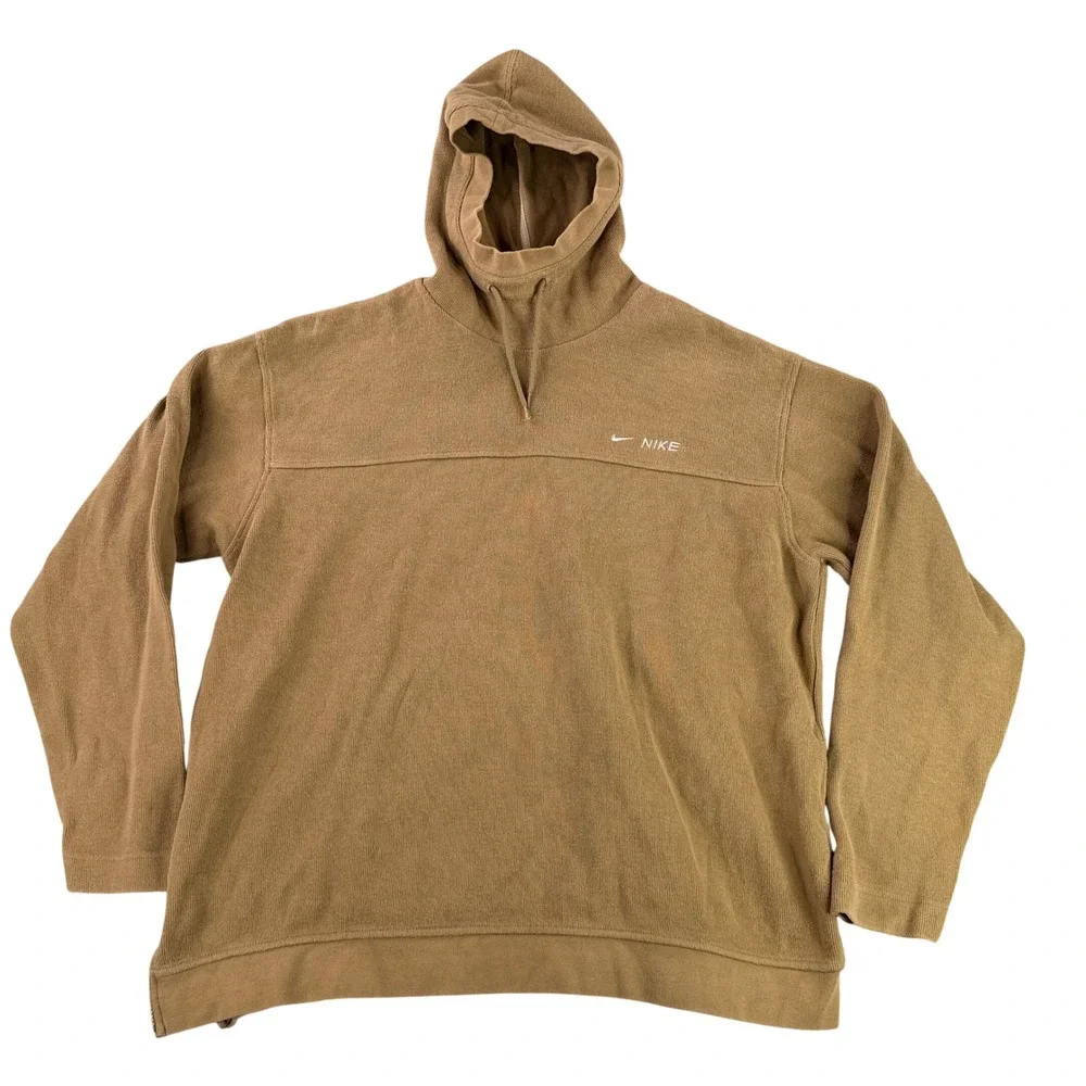 Vintage Nike Hoodie Mens XL Tan Brown Grey Tag Side Zip Pullover Y2K‎